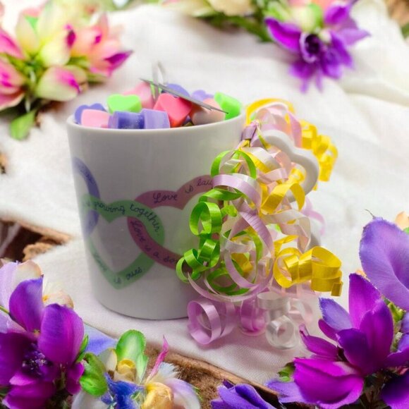 Handmade ✦ Love Is… Ceramic Mug Candle ✦ Rainbow Heart Wax Sherbet Scent NWT - Picture 2 of 11